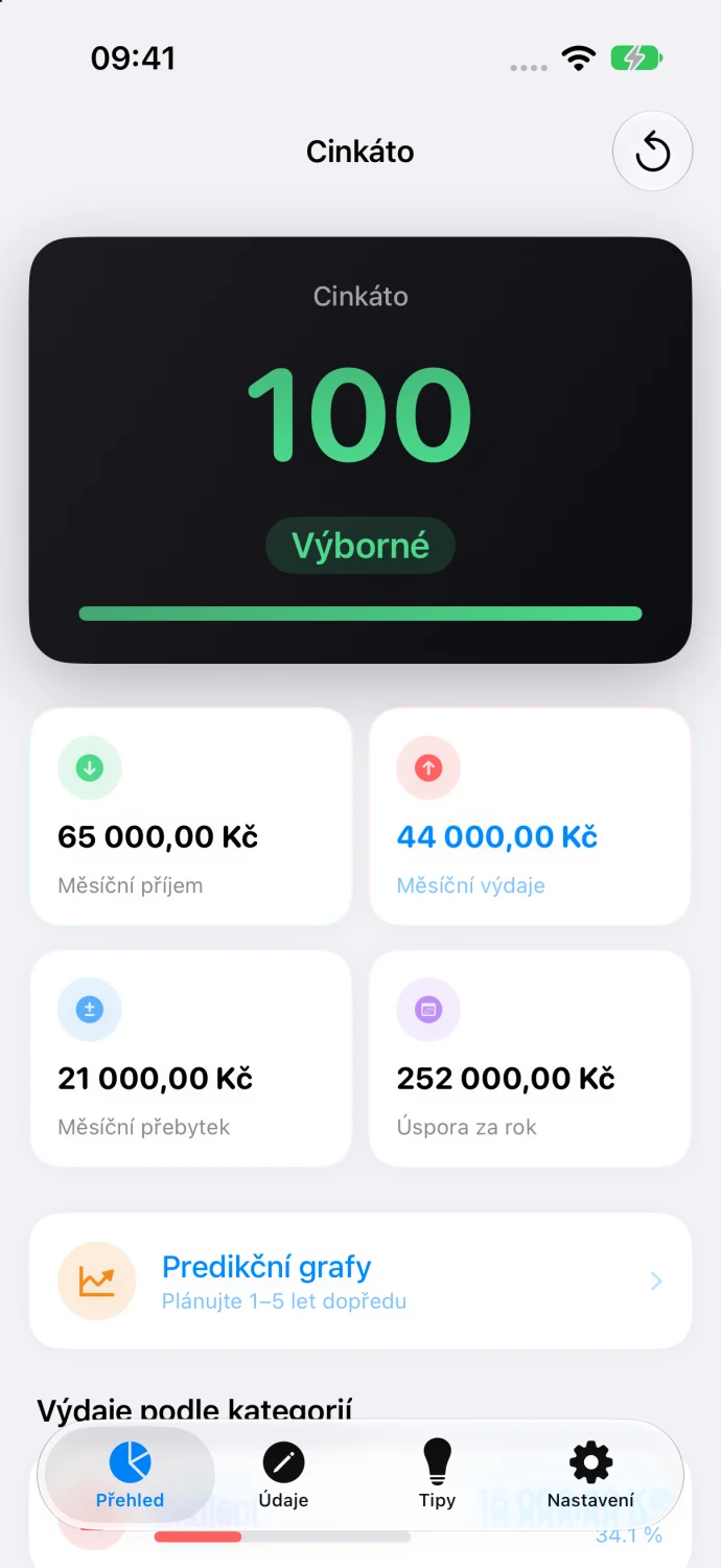 Obrazovka Přehled se skóre 100, výborné