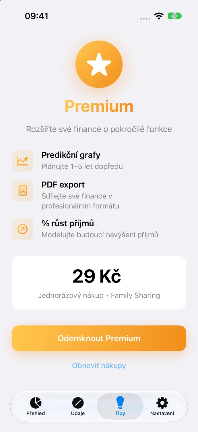Premium screen with features and price