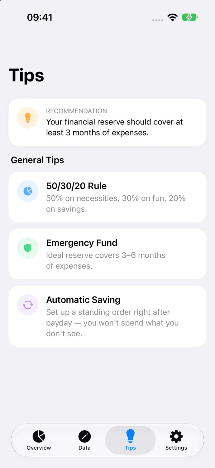 Tips screen with recommendations