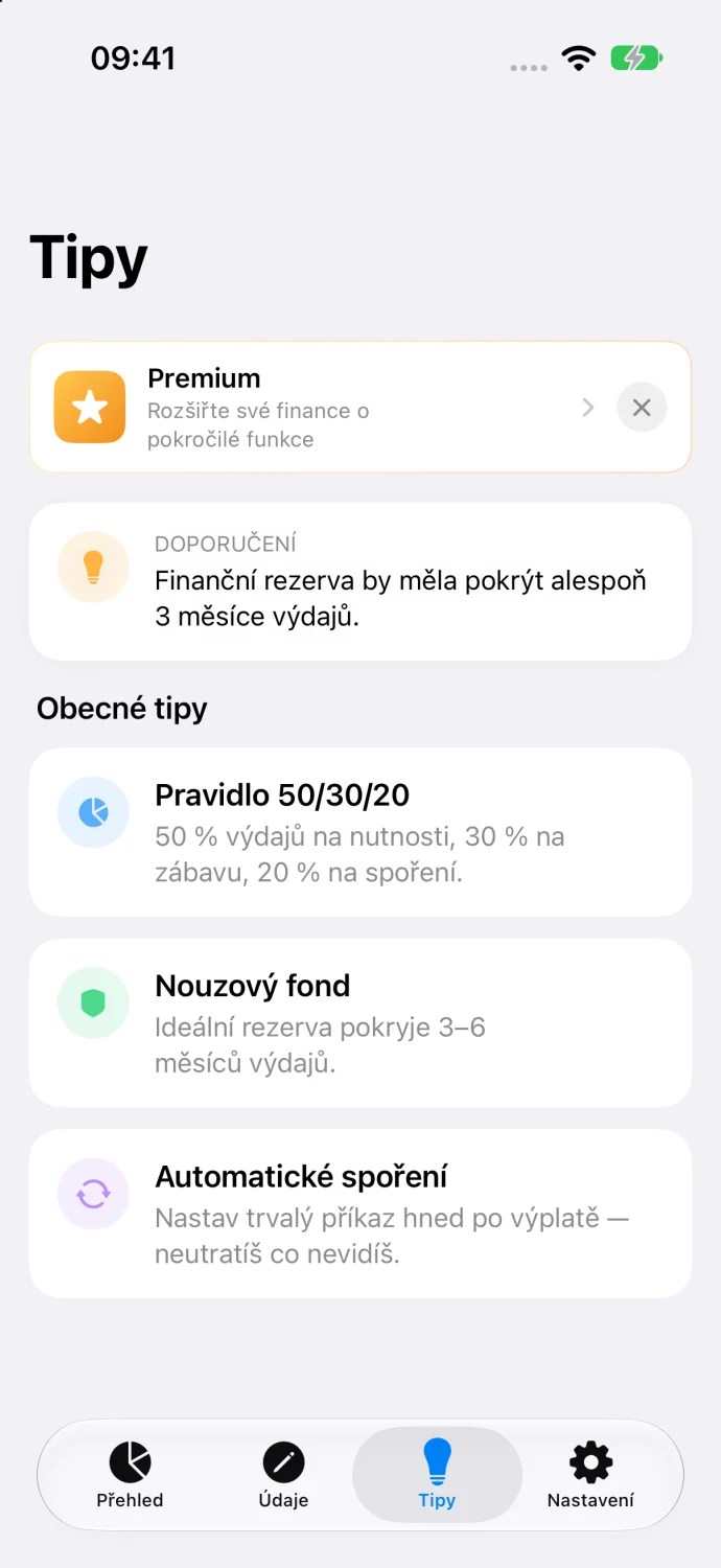 Obrazovka Tipy s doporučeními