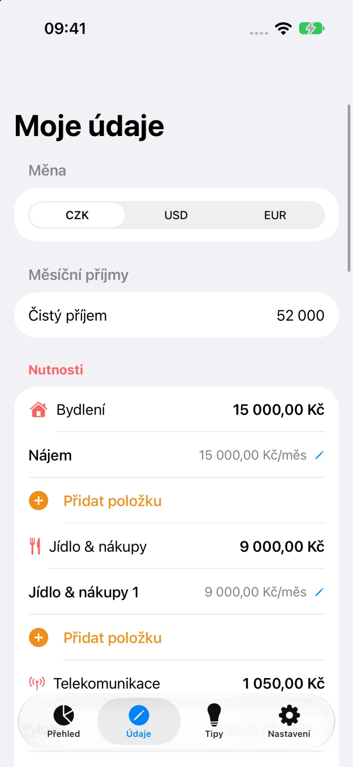 My data screen: currency, income and expenses